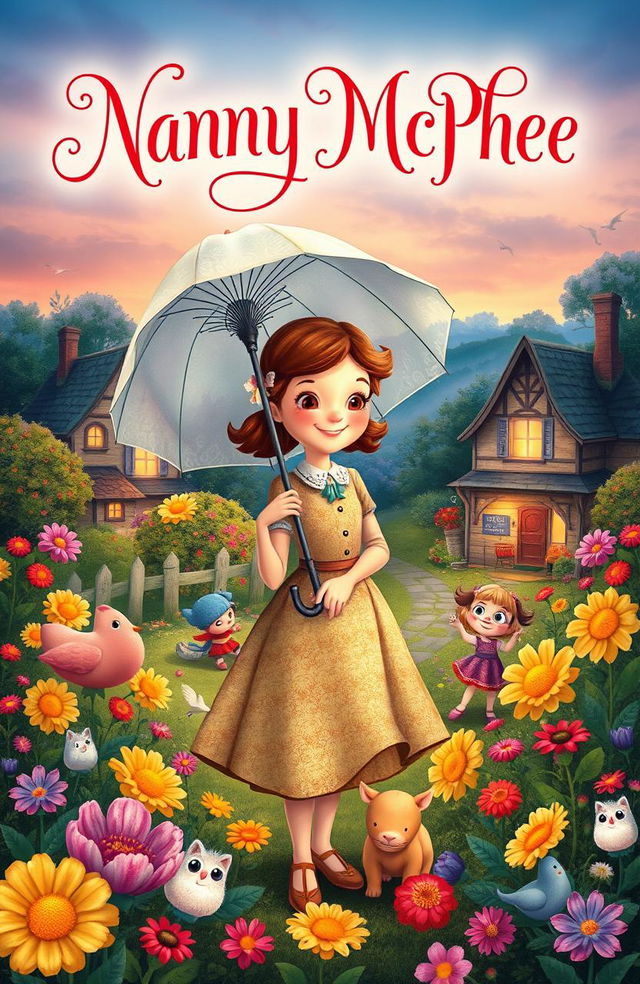 A whimsical and enchanting book cover inspired by Nanny McPhee, featuring a magical, quirky nanny with a charming smile, wearing a vintage dress and holding an umbrella