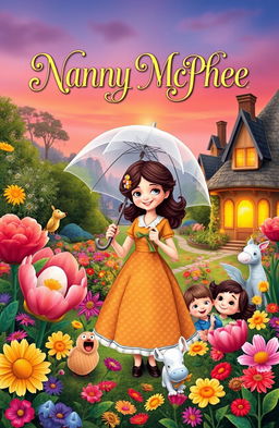 A whimsical and enchanting book cover inspired by Nanny McPhee, featuring a magical, quirky nanny with a charming smile, wearing a vintage dress and holding an umbrella
