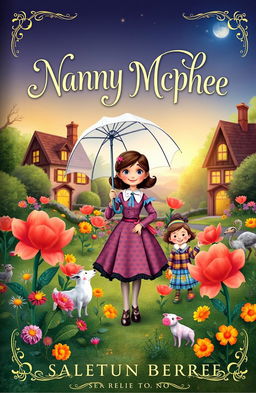 A whimsical and enchanting book cover inspired by Nanny McPhee, featuring a magical, quirky nanny with a charming smile, wearing a vintage dress and holding an umbrella