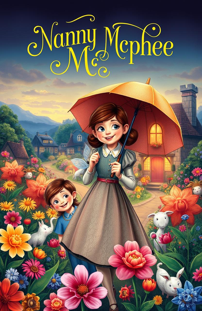A whimsical and enchanting book cover inspired by Nanny McPhee, featuring a magical, quirky nanny with a charming smile, wearing a vintage dress and holding an umbrella