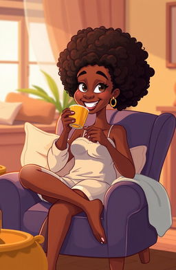 A tall, slender brown woman with a vibrant curly afro hairstyle, seated comfortably in a cozy chair, sipping tea