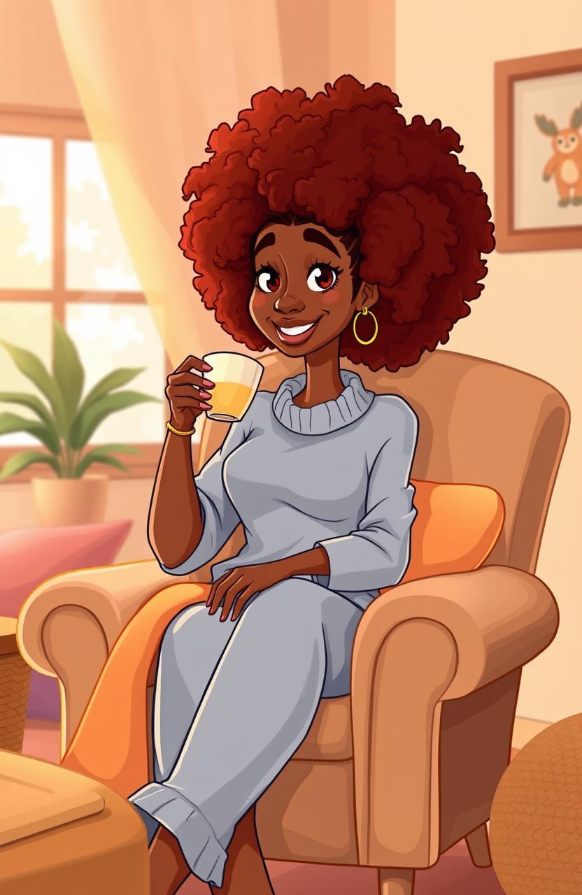 A tall, slender brown woman with a vibrant curly afro hairstyle, seated comfortably in a cozy chair, sipping tea