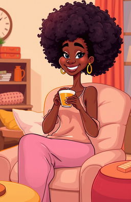 A tall, slender brown woman with a vibrant curly afro hairstyle, seated comfortably in a cozy chair, sipping tea