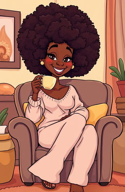 A tall, slender brown woman with a vibrant curly afro hairstyle, seated comfortably in a cozy chair, sipping tea