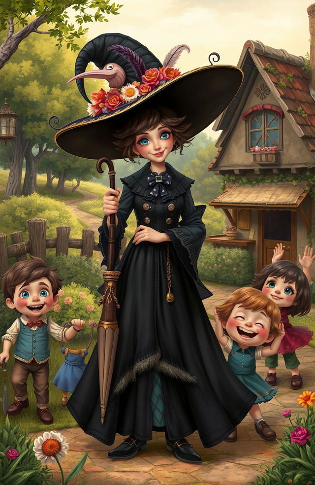 A whimsical and enchanting scene featuring a character inspired by Nanny McPhee, a magical and quirky nanny with a playful yet stern demeanor