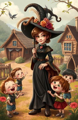 A whimsical and enchanting scene featuring a character inspired by Nanny McPhee, a magical and quirky nanny with a playful yet stern demeanor