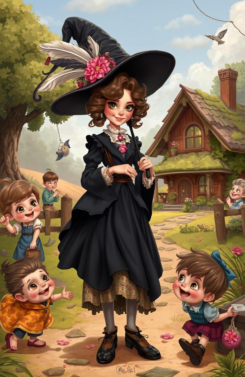 A whimsical and enchanting scene featuring a character inspired by Nanny McPhee, a magical and quirky nanny with a playful yet stern demeanor