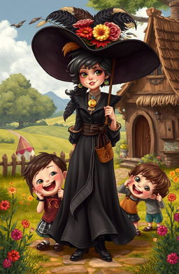 A whimsical and enchanting scene featuring a character inspired by Nanny McPhee, a magical and quirky nanny with a playful yet stern demeanor