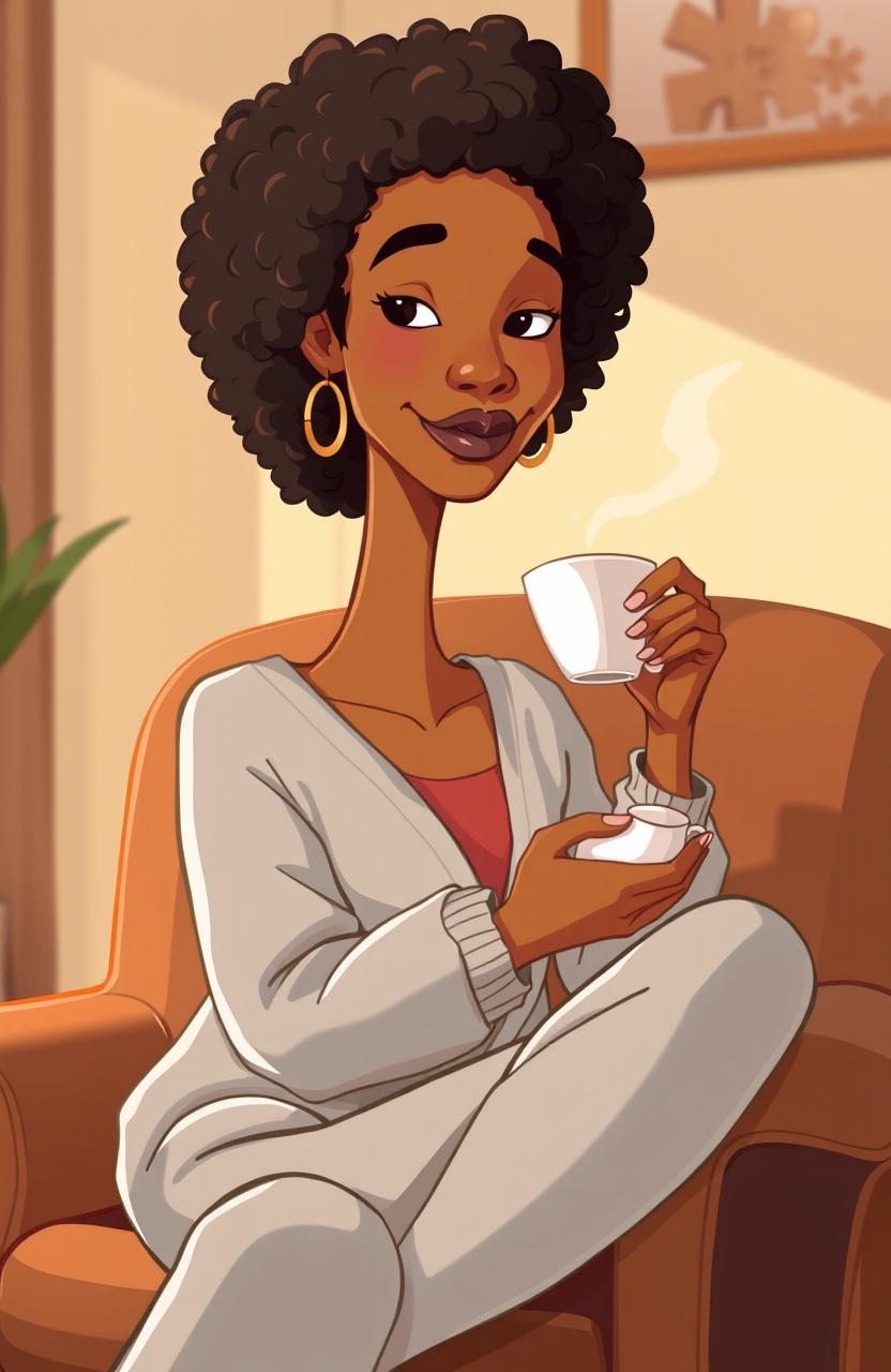 A tall, slender woman with vanilla skin and curly afro hair, featuring a straight face and a slight smile