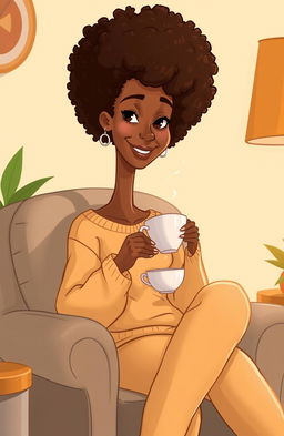 A tall, slender woman with vanilla skin and curly afro hair, featuring a straight face and a slight smile