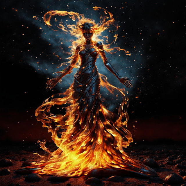 Hyper-realistic HD photograph of a fire goddess standing in a starlit night landscape