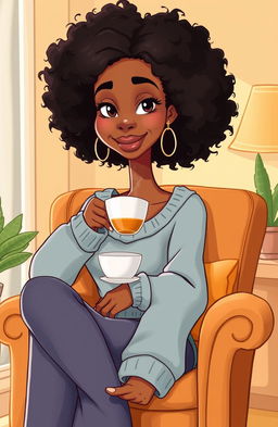 A tall, slender woman with vanilla skin and curly afro hair, featuring a straight face and a slight smile