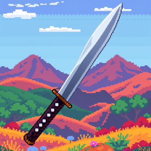 A vibrant pixel art design of a Japanese tanto, showcasing the traditional shape and detail of the knife