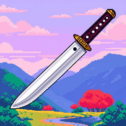 A vibrant pixel art design of a Japanese tanto, showcasing the traditional shape and detail of the knife