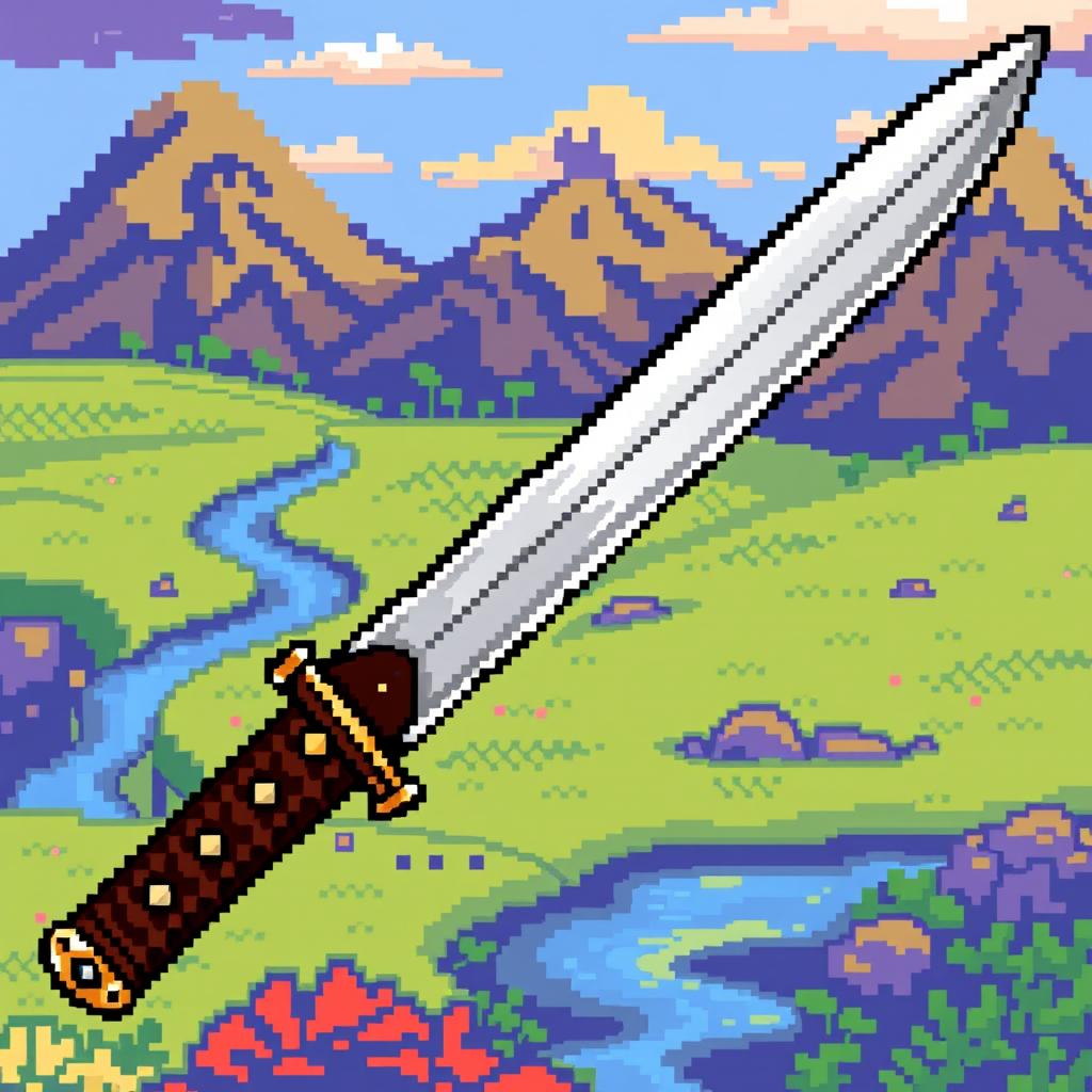 A vibrant pixel art design of a Japanese tanto, showcasing the traditional shape and detail of the knife