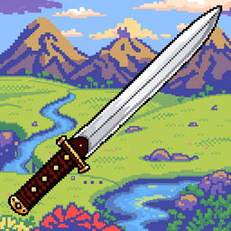 A vibrant pixel art design of a Japanese tanto, showcasing the traditional shape and detail of the knife