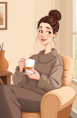 A tall, slender woman with vanilla skin and a bun hairstyle, featuring a straight face and thin lips, is sitting comfortably in a cozy chair