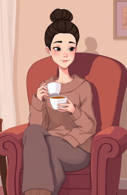 A tall, slender woman with vanilla skin and a bun hairstyle, featuring a straight face and thin lips, is sitting comfortably in a cozy chair