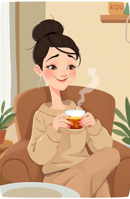 A tall, slender woman with vanilla skin and a bun hairstyle, featuring a straight face and thin lips, is sitting comfortably in a cozy chair