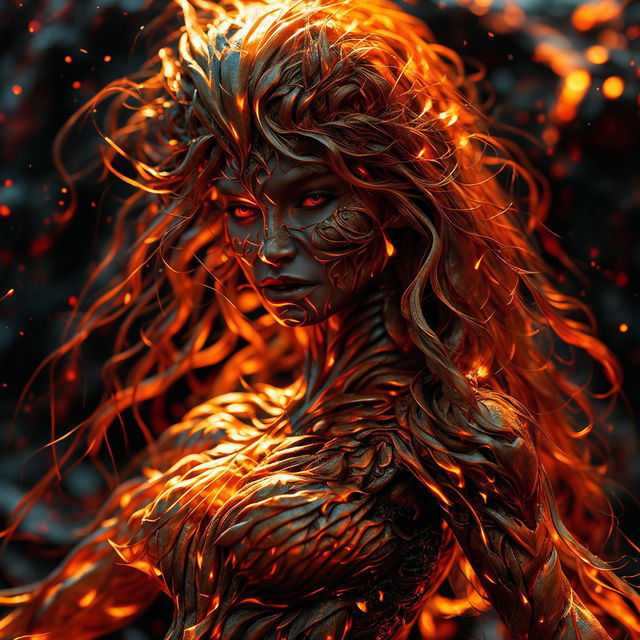 Intense close-up HD photograph of a fire goddess