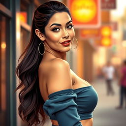 A beautiful artistic representation of a confident young woman in a fashionable outfit, showcasing her curves in an elegant and tasteful manner