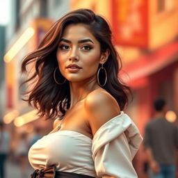 A beautiful artistic representation of a confident young woman in a fashionable outfit, showcasing her curves in an elegant and tasteful manner