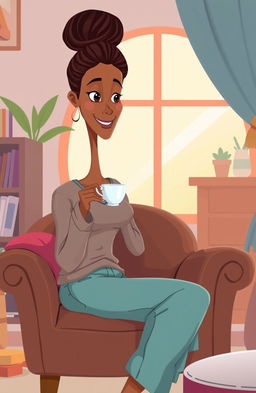A tall, slender woman with brown skin, her hair styled in a neat bun, and a straight face characterized by thin lips and a slight smile