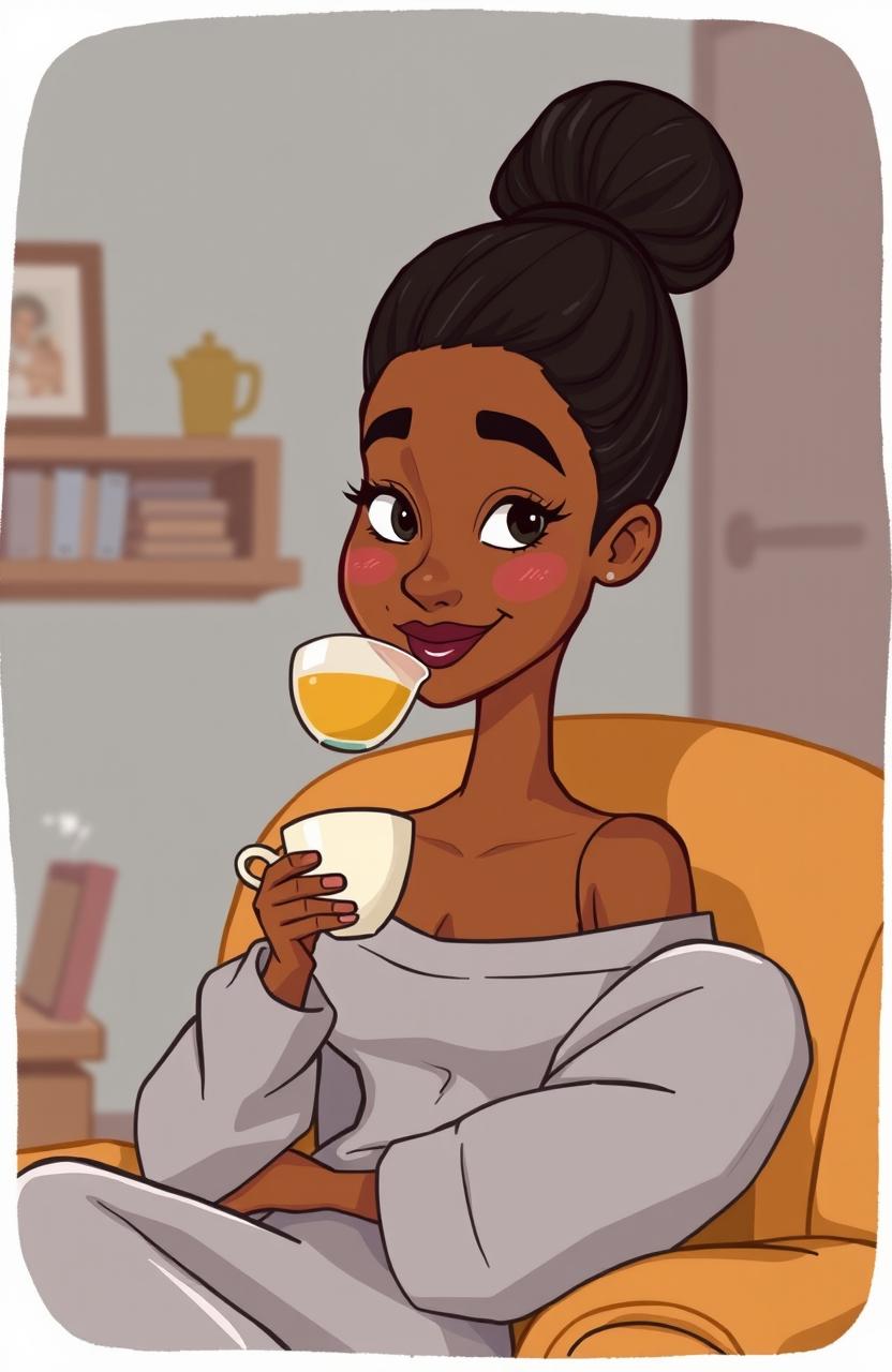 A tall, slender woman with brown skin, her hair styled in a neat bun, and a straight face characterized by thin lips and a slight smile