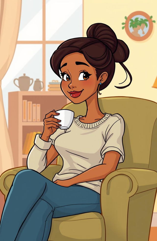 A tall, slender woman with brown skin, her hair styled in a neat bun, and a straight face characterized by thin lips and a slight smile