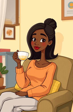 A tall, slender woman with brown skin, her hair styled in a neat bun, and a straight face characterized by thin lips and a slight smile