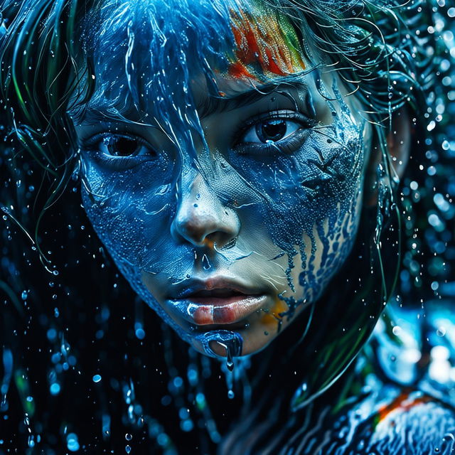 Hyper-realistic photograph of a water goddess with black eyes in extreme close-up