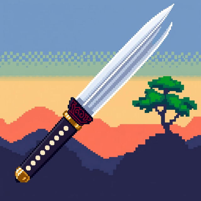 A vibrant pixel art depiction of a Japanese tanto, showcasing its classic, elegant design