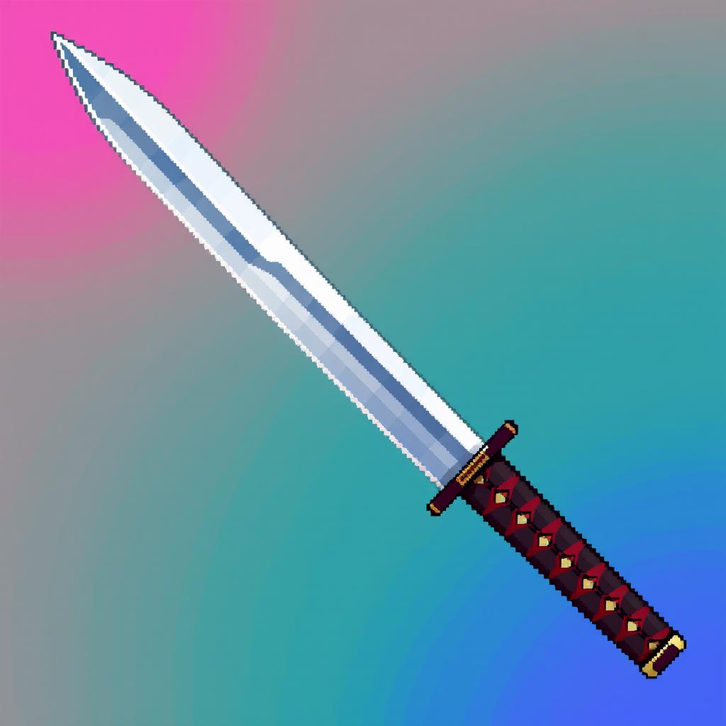 A vibrant pixel art depiction of a Japanese tanto, showcasing its classic, elegant design