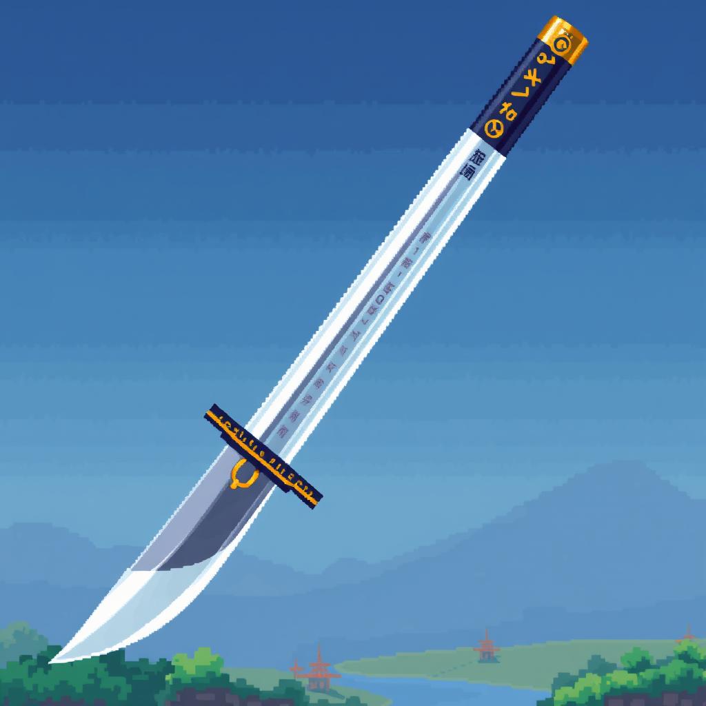 A detailed pixel art illustration of a Japanese tanto sword, capturing its elegant and traditional design