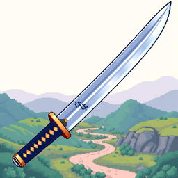 A detailed pixel art illustration of a Japanese tanto sword, capturing its elegant and traditional design