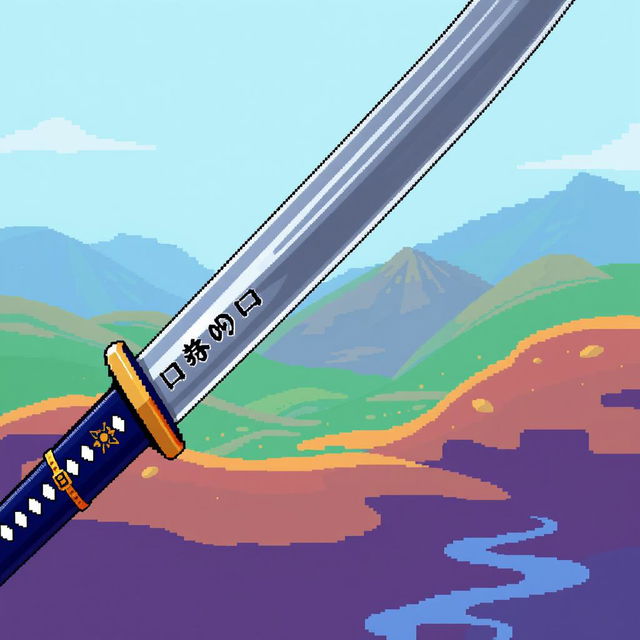 A detailed pixel art illustration of a Japanese tanto sword, capturing its elegant and traditional design