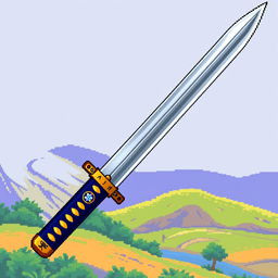 A detailed pixel art illustration of a Japanese tanto sword, capturing its elegant and traditional design