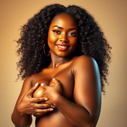 An exquisite artistic representation of a beautiful Black woman with a stunning curvy figure, embracing her voluptuous breasts in a confident and elegant pose