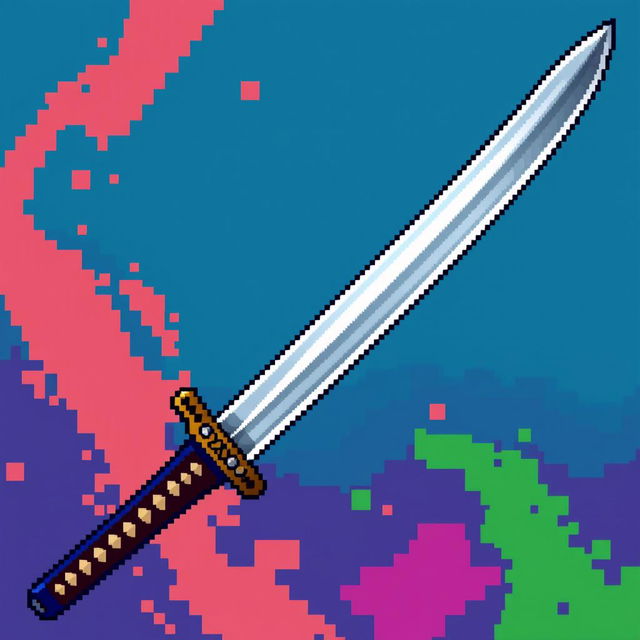 A detailed pixel art representation of a Japanese tanto sword, capturing the elegance of its traditional design