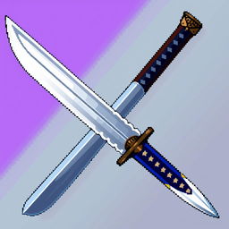 A detailed pixel art representation of a Japanese tanto sword, capturing the elegance of its traditional design
