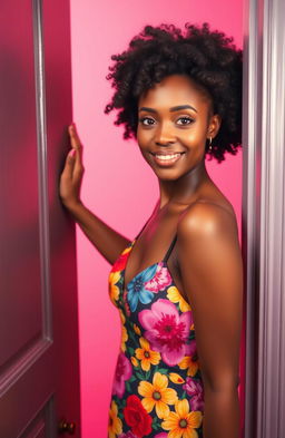 A tall, slender woman with beautiful brown skin is gracefully opening a door