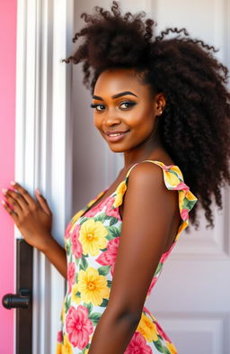 A tall, slender woman with beautiful brown skin is gracefully opening a door