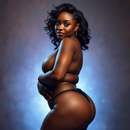 An artistic and alluring portrayal of a sexy Black woman with an accentuated curvy figure, confidently posing in revealing yet tasteful attire that highlights her voluptuousness