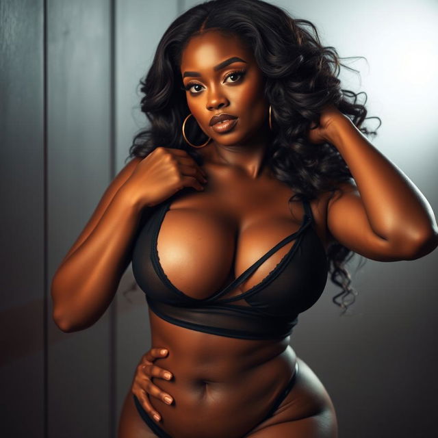 An artistic and alluring portrayal of a sexy Black woman with an accentuated curvy figure, confidently posing in revealing yet tasteful attire that highlights her voluptuousness