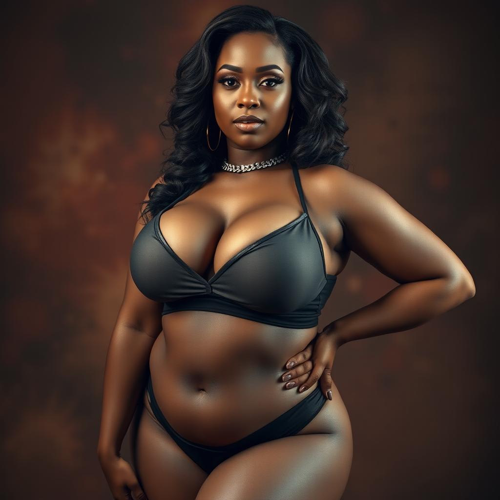 An artistic and alluring portrayal of a sexy Black woman with an accentuated curvy figure, confidently posing in revealing yet tasteful attire that highlights her voluptuousness