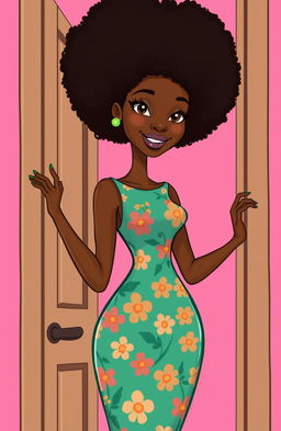 A tall, slender woman with brown skin, bright eyes, and curly afro hair, gracefully opening a door