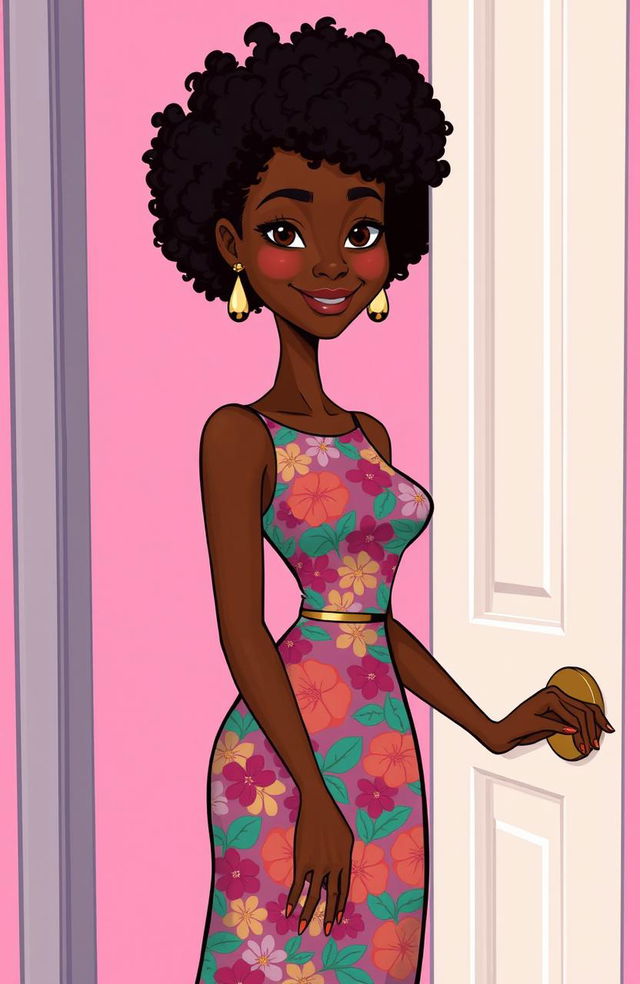 A tall, slender woman with brown skin, bright eyes, and curly afro hair, gracefully opening a door