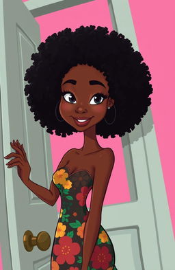 A tall, slender woman with brown skin, bright eyes, and curly afro hair, gracefully opening a door
