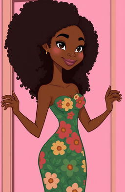 A tall, slender woman with brown skin, bright eyes, and curly afro hair, gracefully opening a door