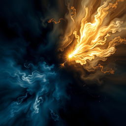 A dramatic scene depicting the collision of dark and light forces in an abstract and artistic representation